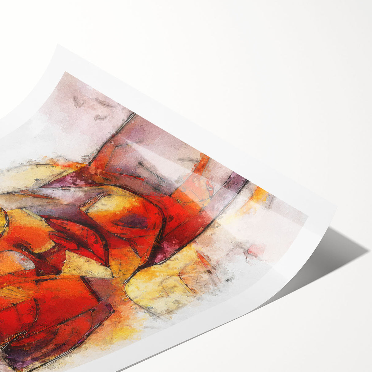 Abstract figurative wall art print in vibrant colors showcasing dynamic shapes and forms, ideal for modern home decor and artistic expression.