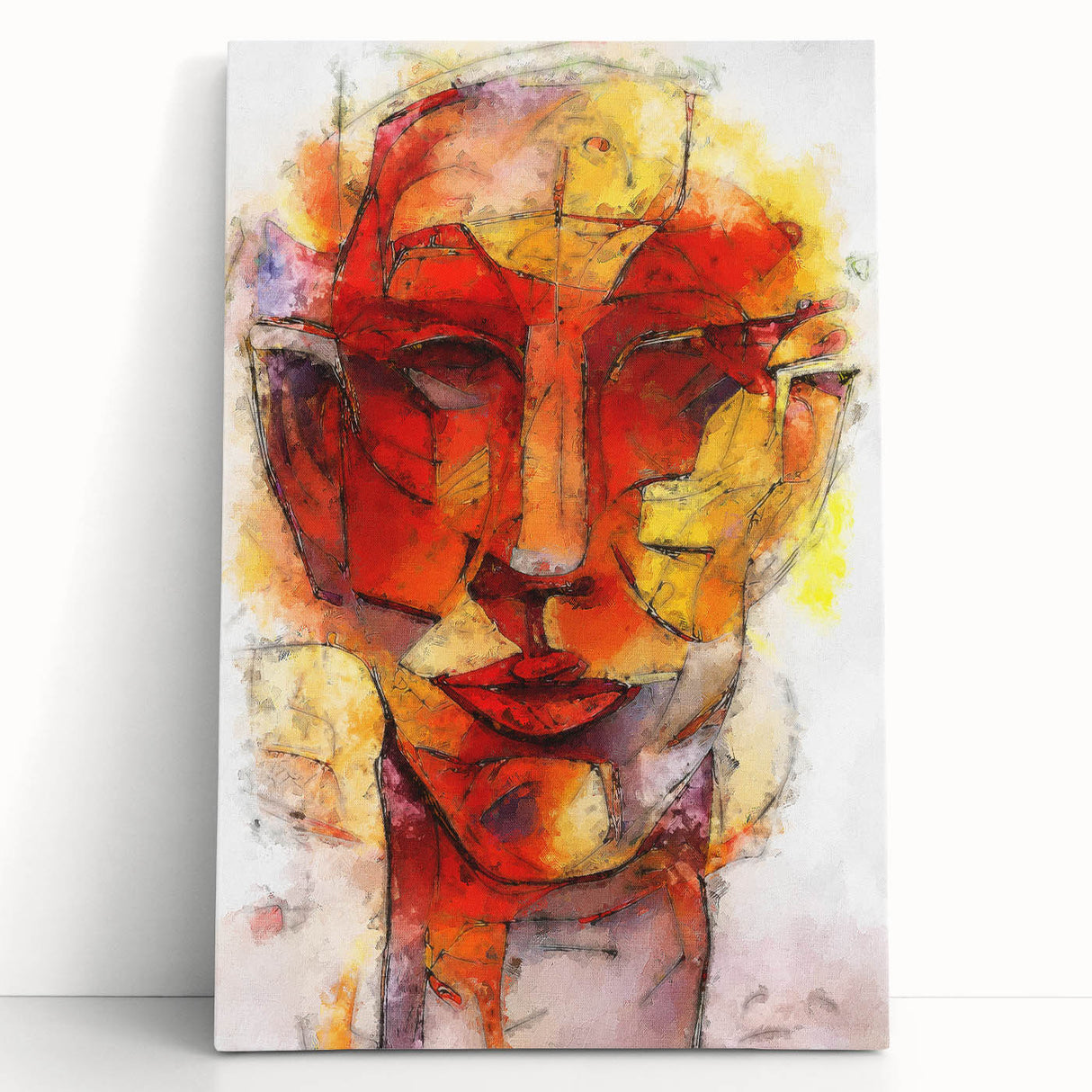 Vibrant abstract figurative wall art design on stretched canvas, showcasing bold colors and dynamic shapes, perfect for modern decor.