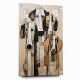 Abstract figurative wall art collection displayed in acrylic glass, showcasing vibrant colors and unique pin attachments, ideal for modern decor.