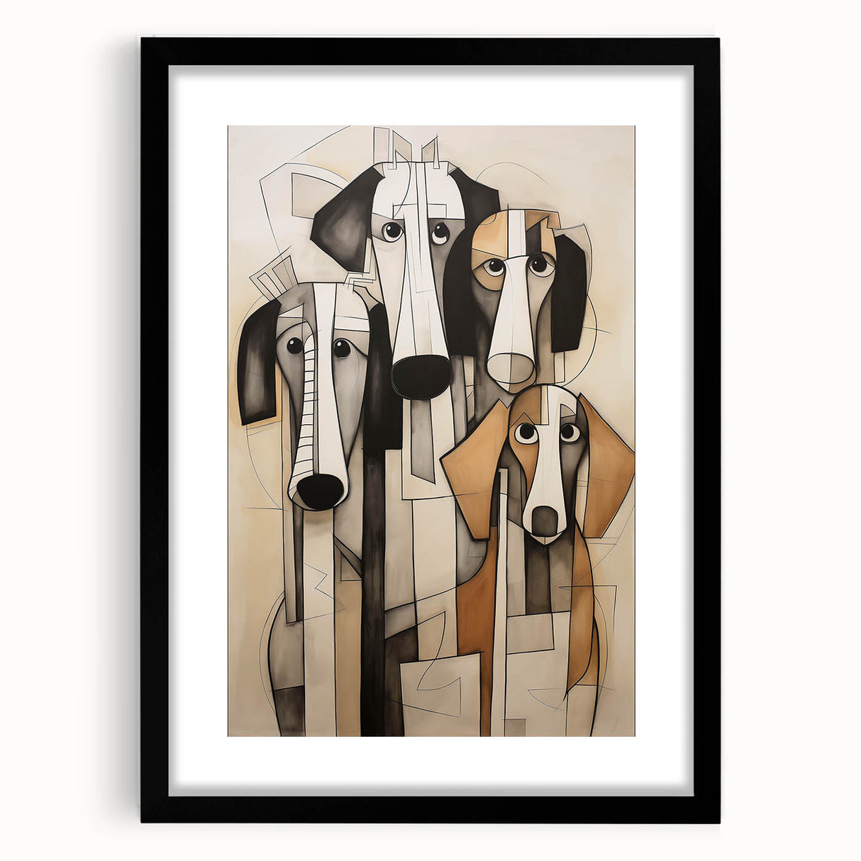 Framed abstract figurative wall art design featuring vibrant colors and dynamic shapes in a sleek black frame, ideal for modern decor.