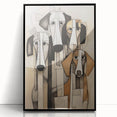 Framed abstract figurative wall art showcasing a vibrant design with bold colors and dynamic shapes, presented in a sleek black frame.