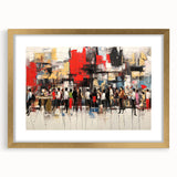 Framed abstract figurative wall art design in gold, showcasing vibrant colors and intricate patterns, ideal for modern home decor.