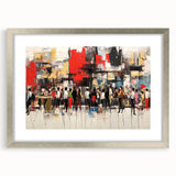Framed abstract figurative wall art design in a silver mat, showcasing vibrant colors and modern shapes, perfect for contemporary decor.