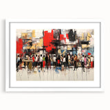 Abstract figurative wall art featuring vibrant colors and dynamic shapes, displayed in a white frame with a mat for an elegant finish.