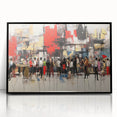 Framed abstract figurative wall art design with vibrant colors and unique shapes, showcasing an acrylic finish in a sleek black frame.