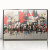 Framed abstract figurative wall art in silver acrylic, showcasing a modern design with flowing shapes and vibrant colors, perfect for contemporary decor.