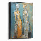 Framed abstract figurative wall art showcasing a modern design in vibrant colors, displayed from a black side view, perfect for contemporary decor.