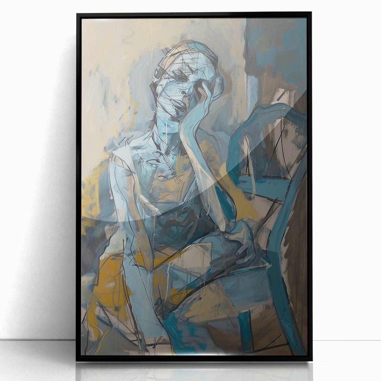 Framed acrylic wall art featuring an abstract figurative design with vibrant colors and bold shapes, set against a sleek black frame.