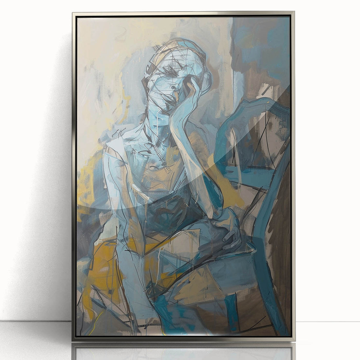 Framed abstract figurative wall art design showcasing dynamic shapes and silver tones, adding a modern touch to any decor.