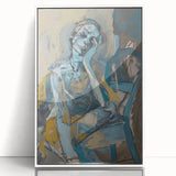 Framed abstract figurative wall art design featuring vibrant colors and dynamic shapes, displayed in a sleek white frame for modern decor.