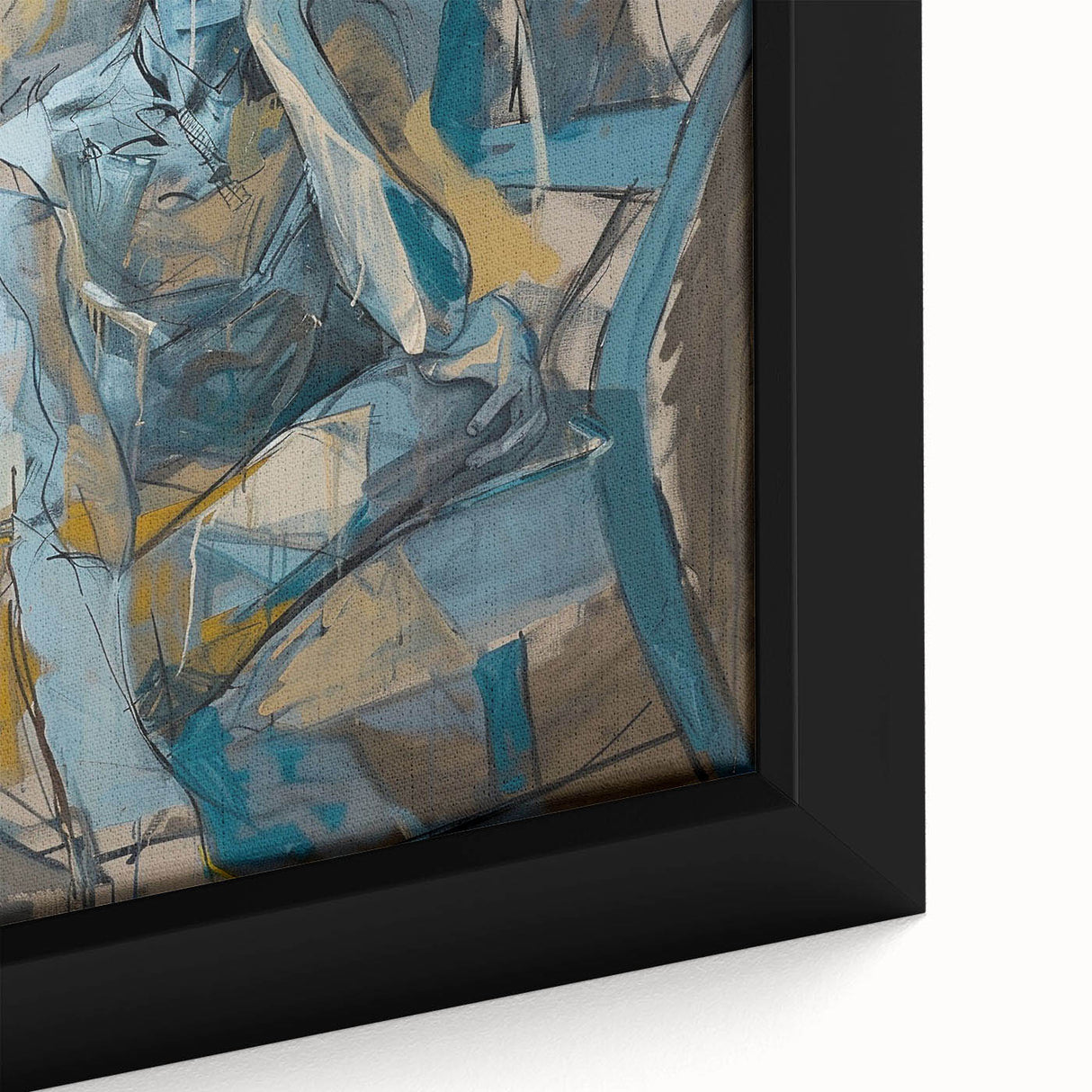 Close-up of a framed abstract figurative wall art piece, showcasing vibrant colors and intricate brushstrokes, perfect for modern decor.