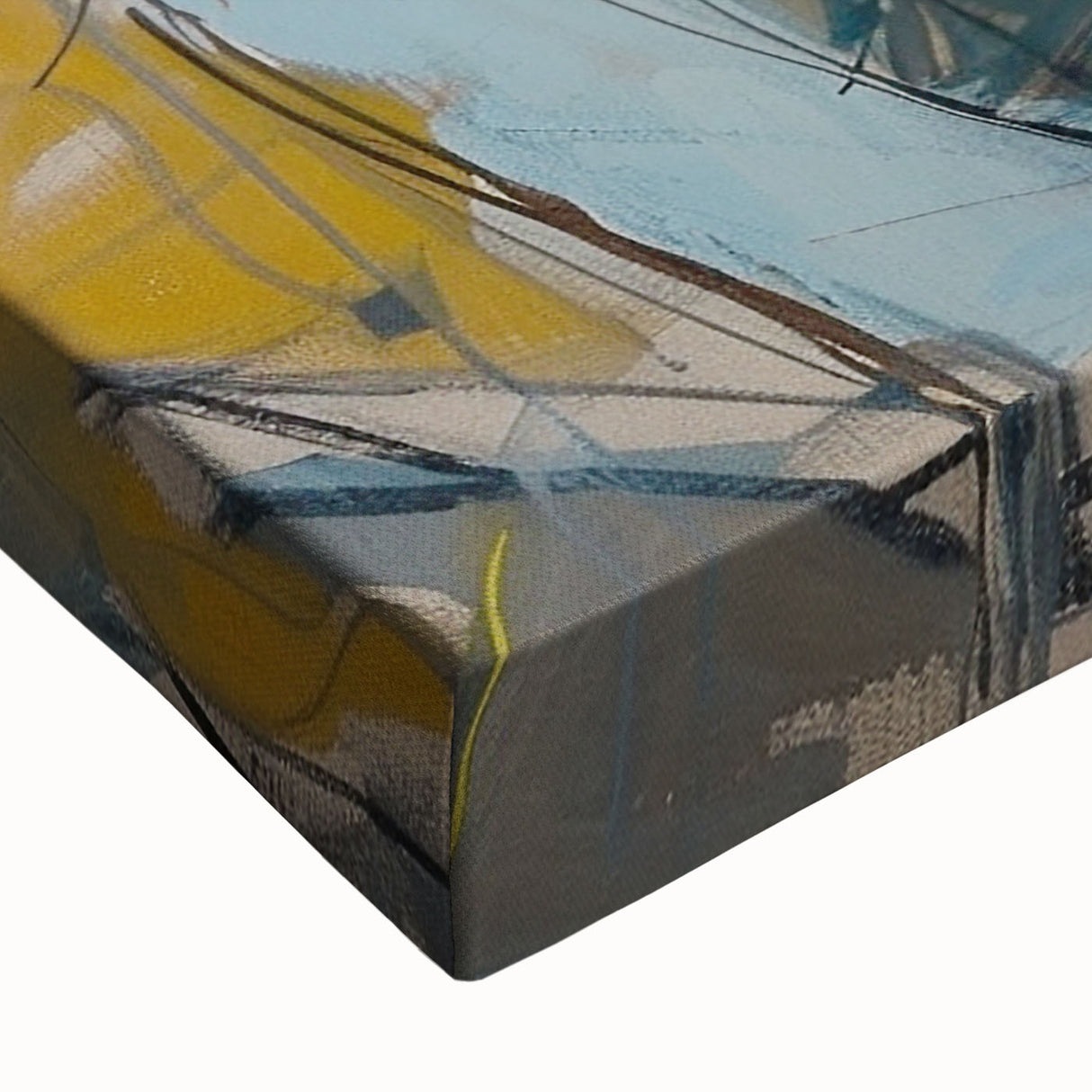 Close-up shot of a vibrant abstract figurative design wall art on stretched canvas, showcasing intricate brushwork and vivid colors in a modern home setting.