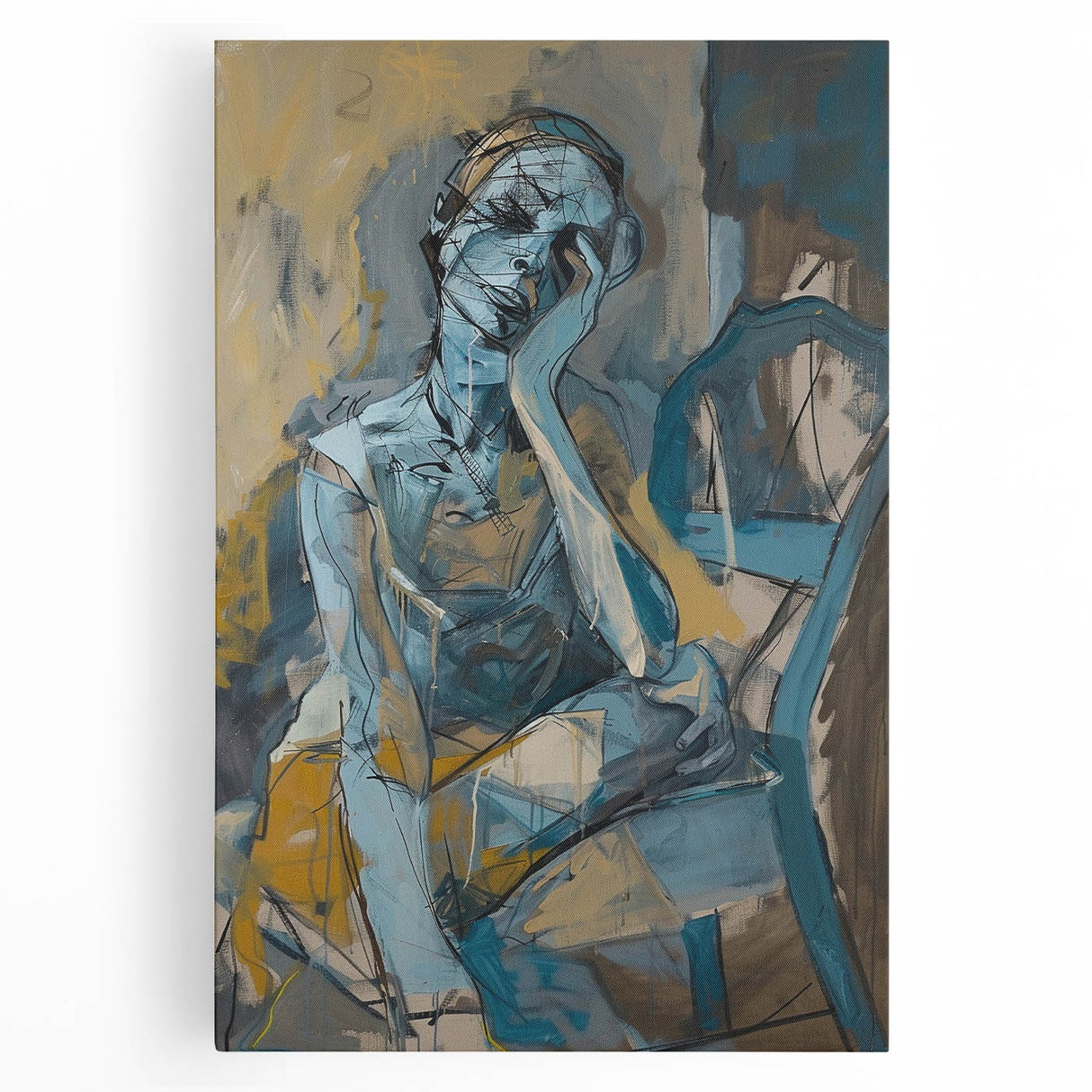 Abstract figurative wall art collection showcasing vibrant colors and dynamic shapes on stretched canvas, perfect for modern home decor.
