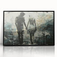 Framed abstract figurative wall art showcasing a vibrant color palette with fluid shapes and dynamic lines, set against a black background.