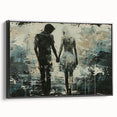 Framed abstract figurative wall art design showcasing bold colors and unique shapes, presented in a sleek black frame from a side view.
