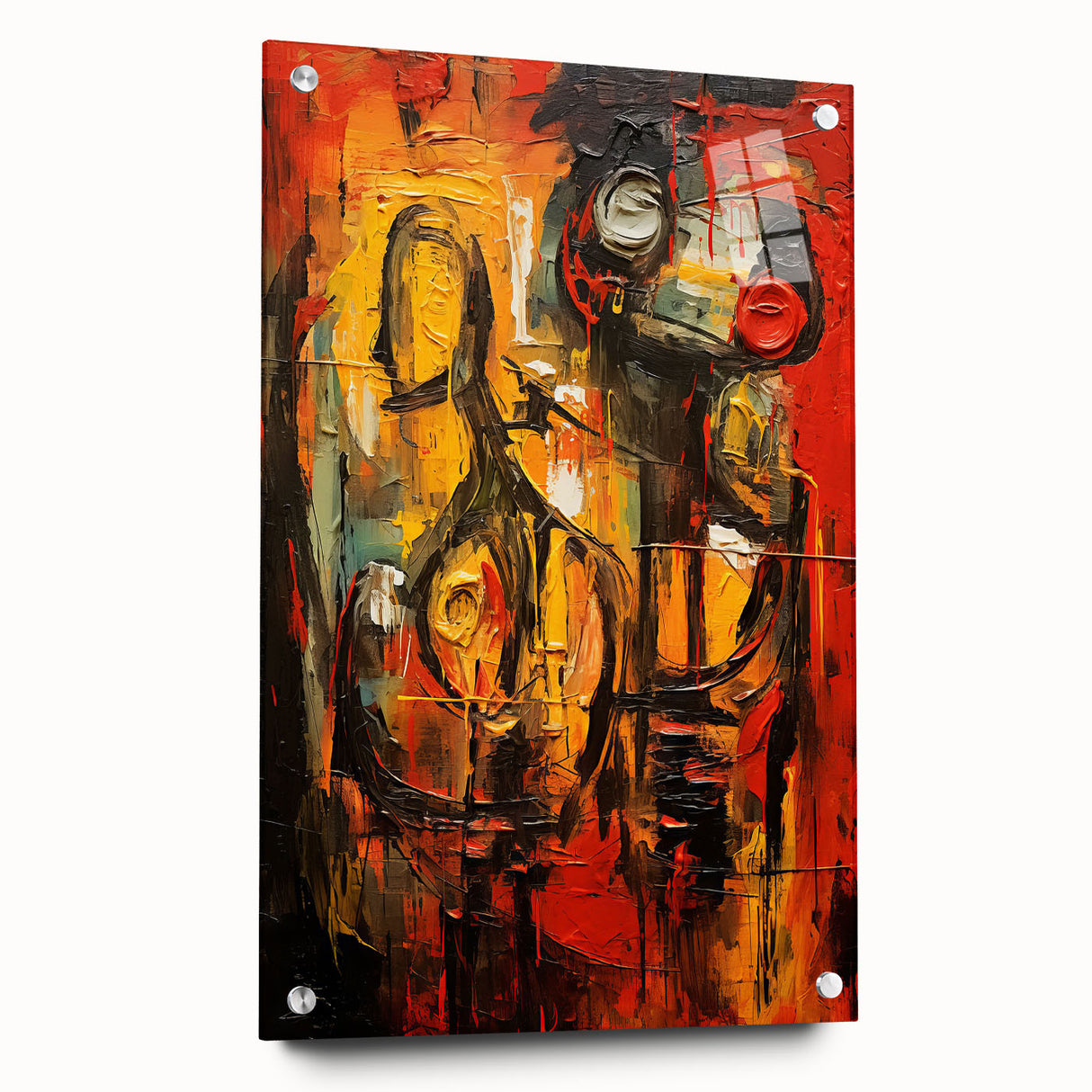Abstract figurative wall art design on acrylic glass, displayed from the side with mounting pins, showcasing vibrant colors and modern aesthetics.