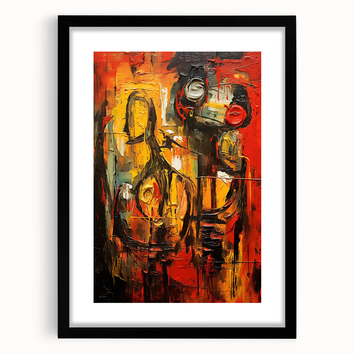 Framed abstract figurative wall art in black, showcasing a modern design with fluid shapes and bold colors, ideal for contemporary decor.