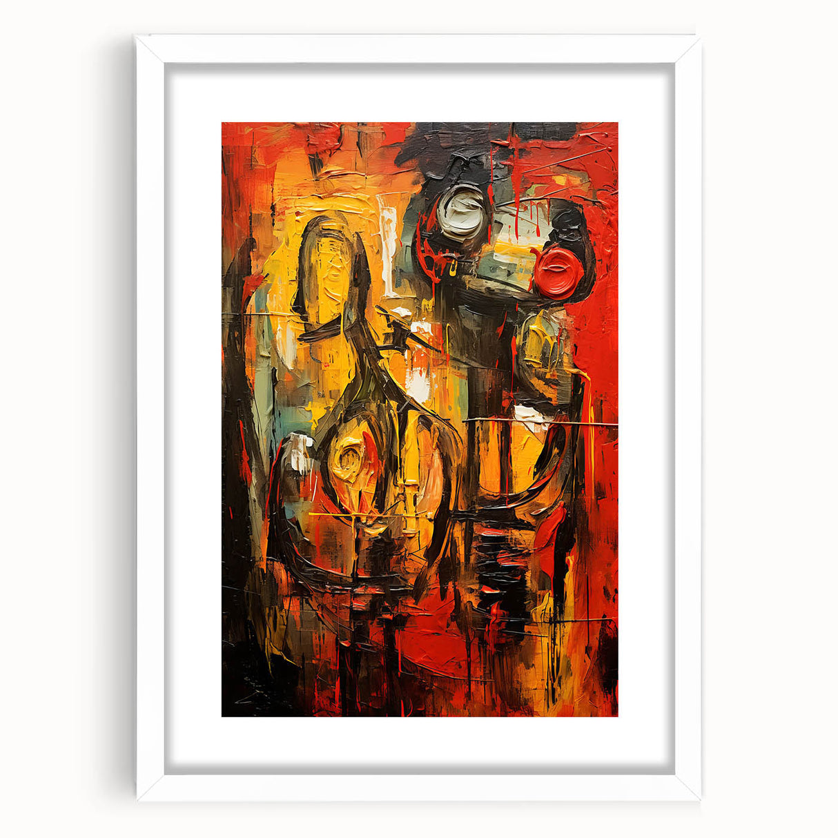 Framed abstract figurative wall art design in a white mat, showcasing vibrant colors and unique shapes, perfect for modern decor.
