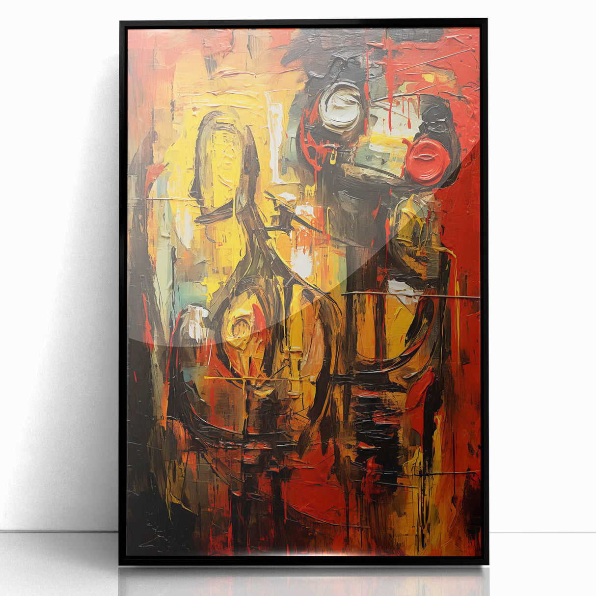 Framed abstract figurative wall art in black acrylic, showcasing a modern design with bold lines and shapes, perfect for contemporary decor.