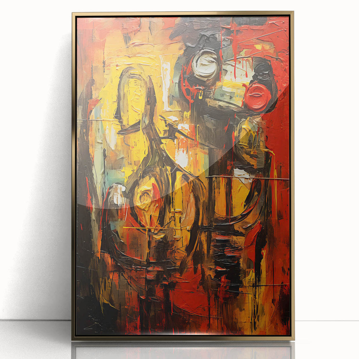 Framed abstract figurative wall art in gold tones, showcasing dynamic shapes and textures, perfect for modern home decor.