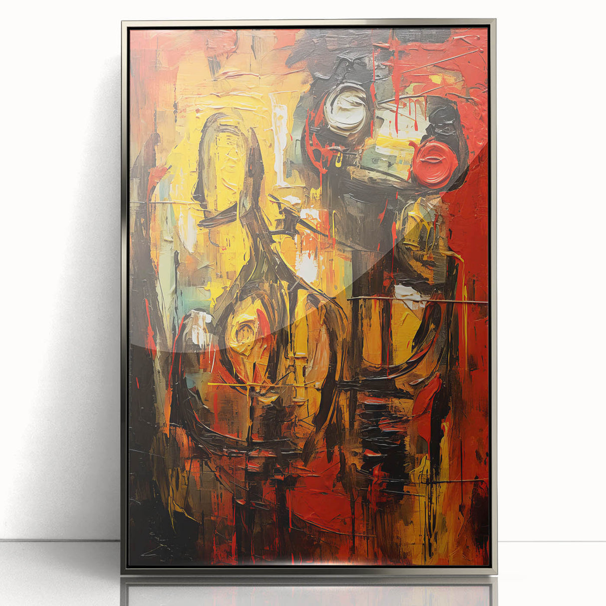 Framed abstract figurative wall art in silver, showcasing a contemporary design with fluid shapes and vibrant colors, perfect for modern decor.