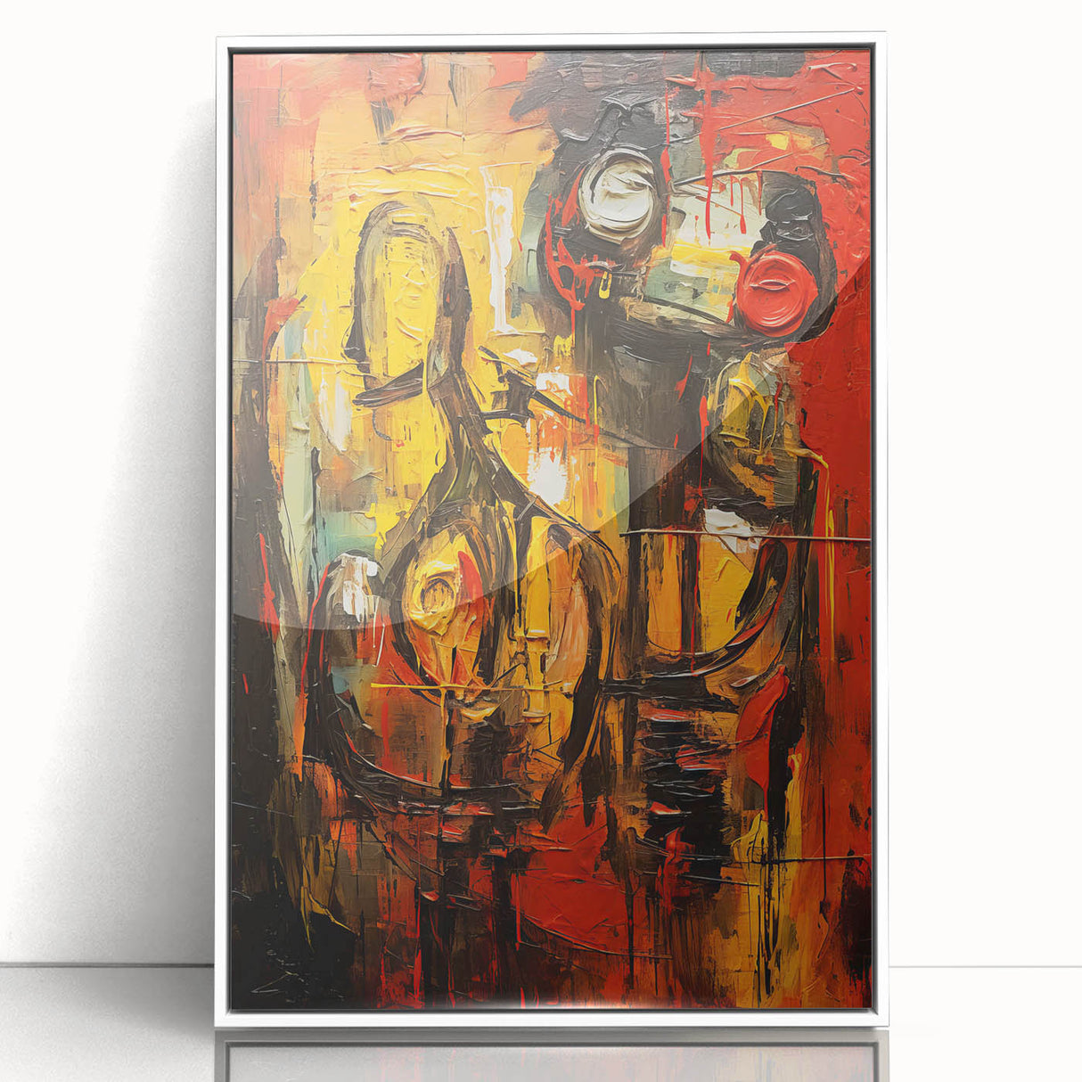 Framed abstract figurative wall art featuring a vibrant, colorful design with flowing shapes and textures, set against a white background.