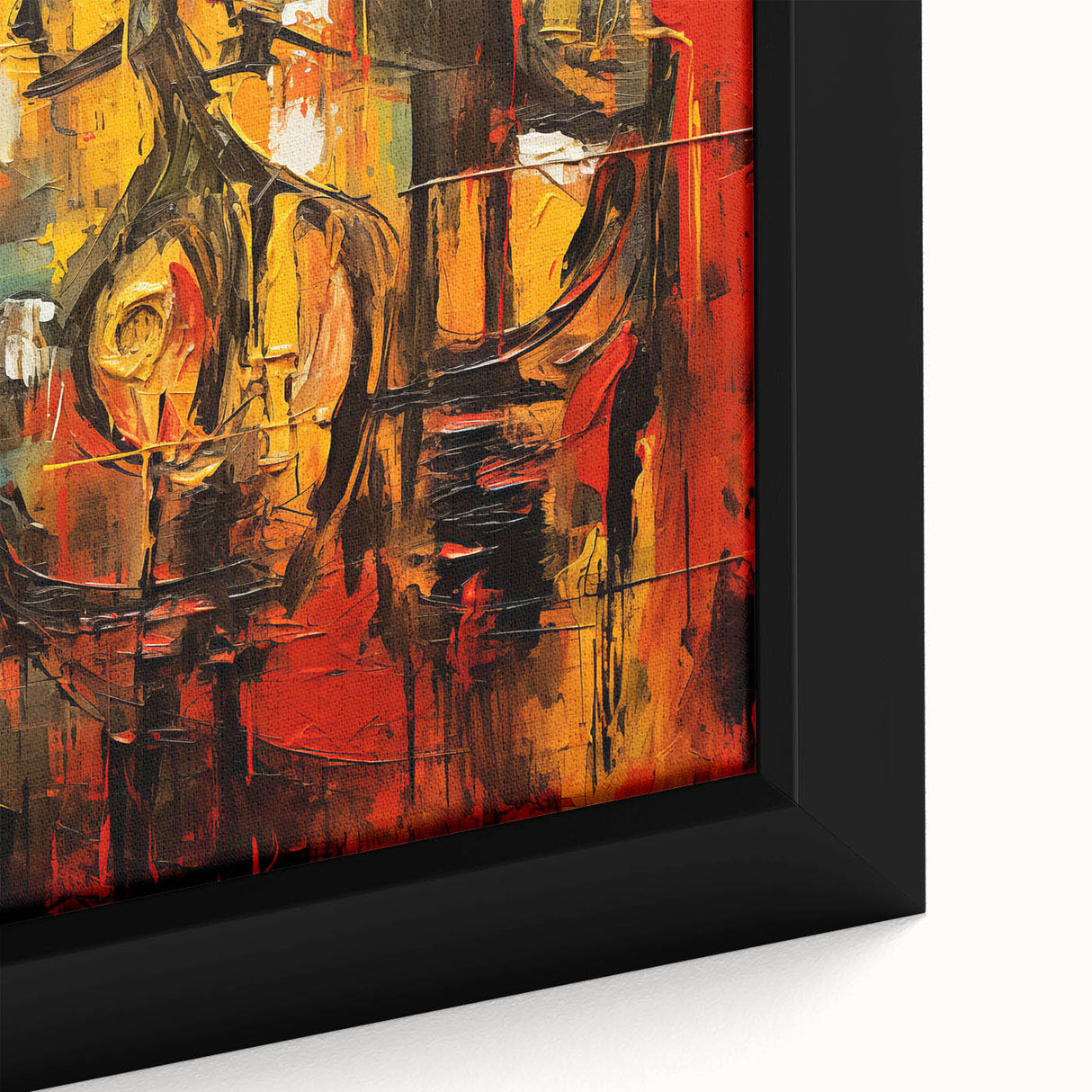 Close-up of a modern framed abstract figurative wall art piece, showcasing vibrant colors and intricate details in a contemporary design.