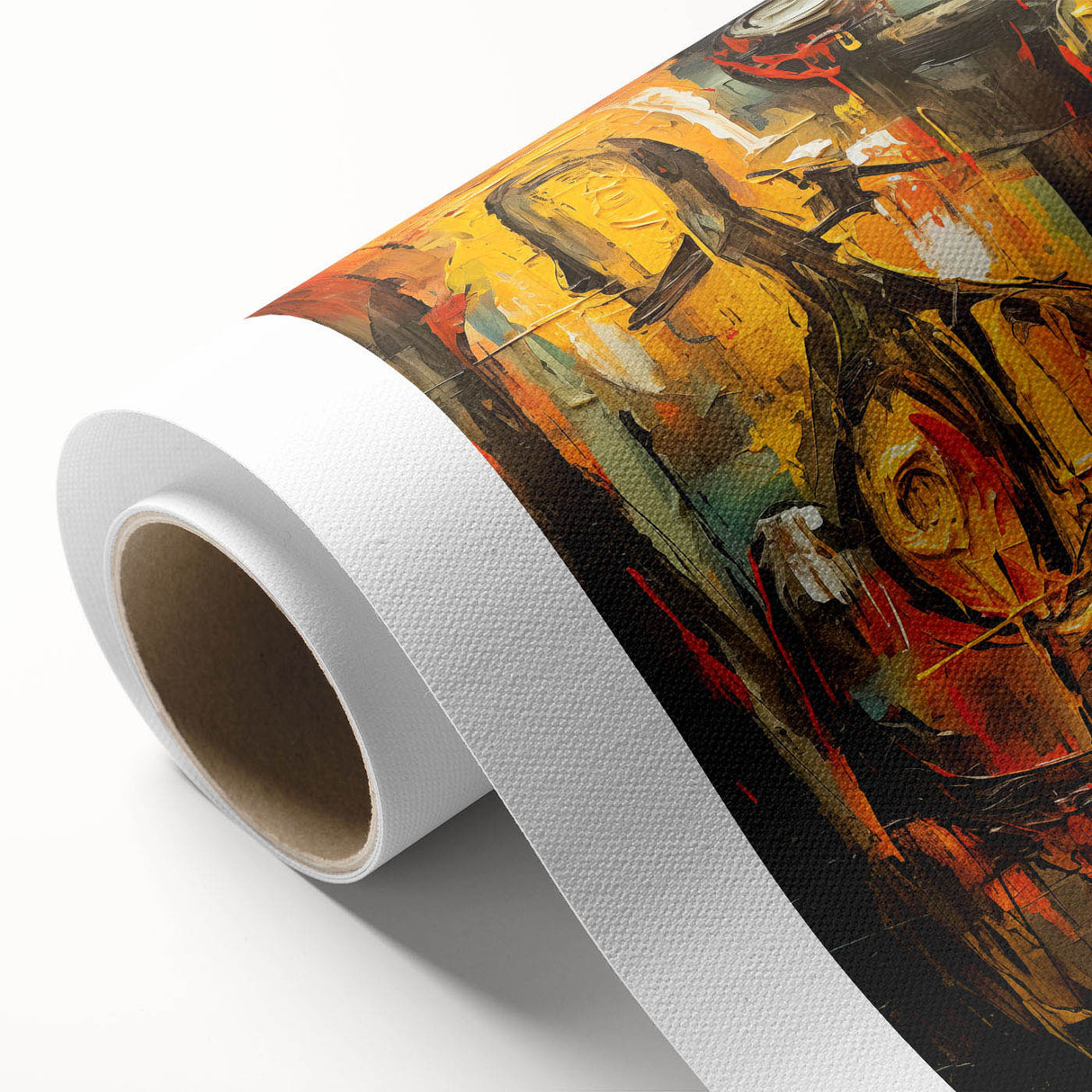 Abstract figurative wall art on rolled canvas, showcasing vibrant colors and dynamic shapes for modern home decor, packaged securely in a tube.