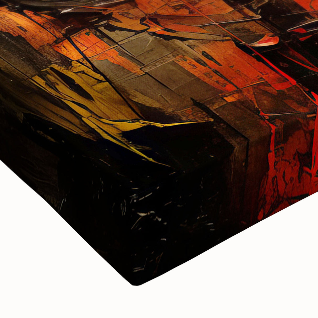 Close-up of a vibrant abstract figurative design wall art piece on stretched canvas, showcasing bold colors and intricate patterns ideal for modern decor.