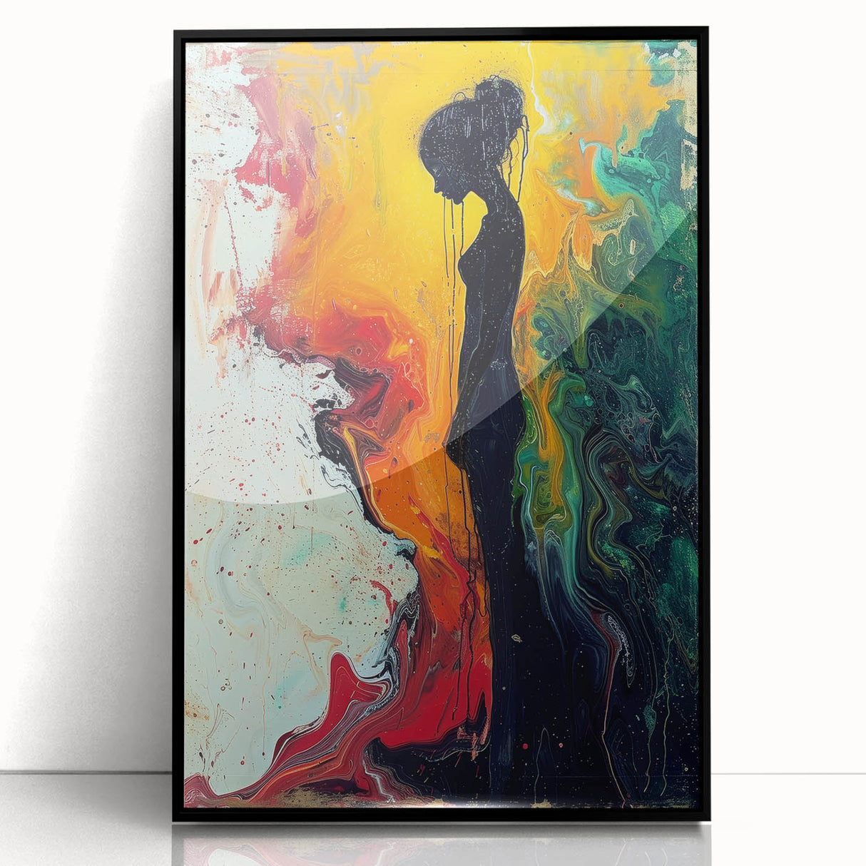 Framed abstract figurative wall art in black acrylic, showcasing a modern design with vivid colors and dynamic shapes, ideal for contemporary decor.
