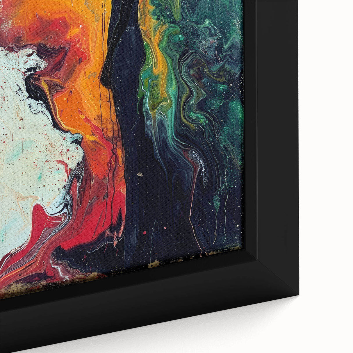 Close-up of a framed abstract figurative wall art piece showcasing vibrant colors and dynamic shapes, perfect for modern home decor.