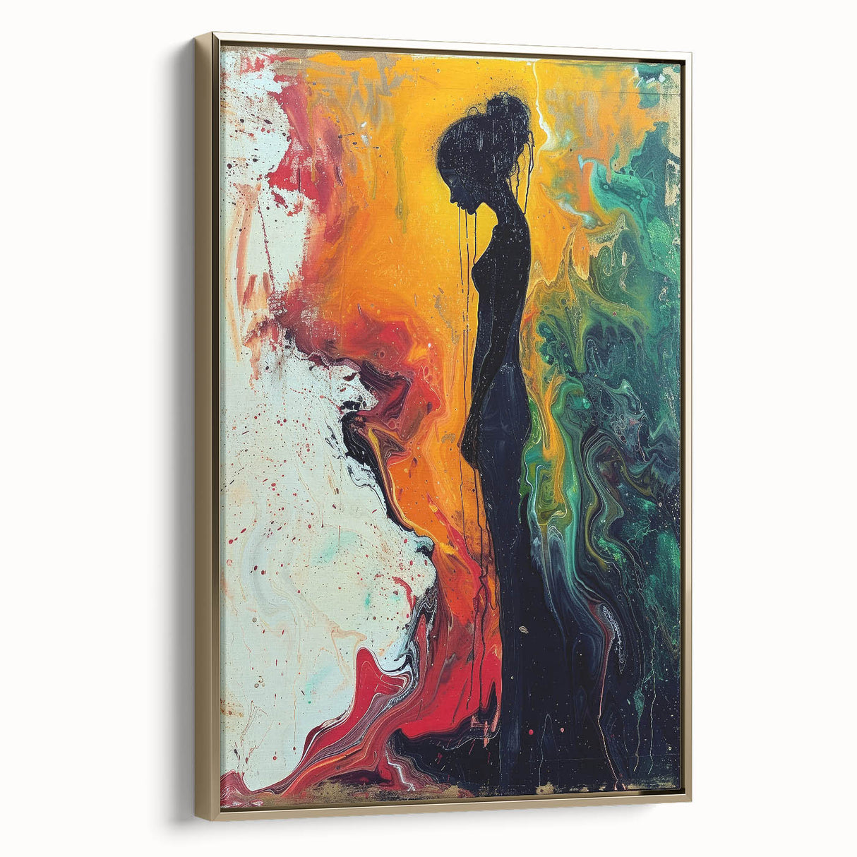 Abstract figurative wall art in a gold frame, showcasing fluid shapes and warm color tones, enhancing modern decor with elegant style.