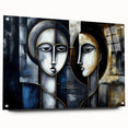 Abstract figurative wall art design in acrylic glass, showcasing vibrant colors and unique patterns, displayed with stylish pins on a white wall.