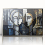 Framed abstract figurative wall art in silver tones, showcasing dynamic shapes and fluid lines, perfect for modern home decor.
