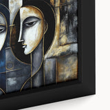 Close-up of abstract figurative wall art print showcasing vibrant colors and dynamic shapes, elegantly framed for modern decor.