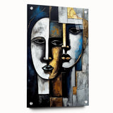 Abstract figurative wall art design in vibrant colors displayed on acrylic glass, showcasing dynamic shapes and textures with stylish pins for mounting.