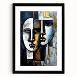 Framed abstract figurative wall art with a black mat and sleek black frame, showcasing vibrant colors and dynamic shapes, perfect for modern decor.