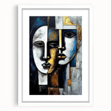 Framed abstract figurative wall art piece showcasing vibrant colors and dynamic shapes, set in a sleek white mat and frame, perfect for modern decor.