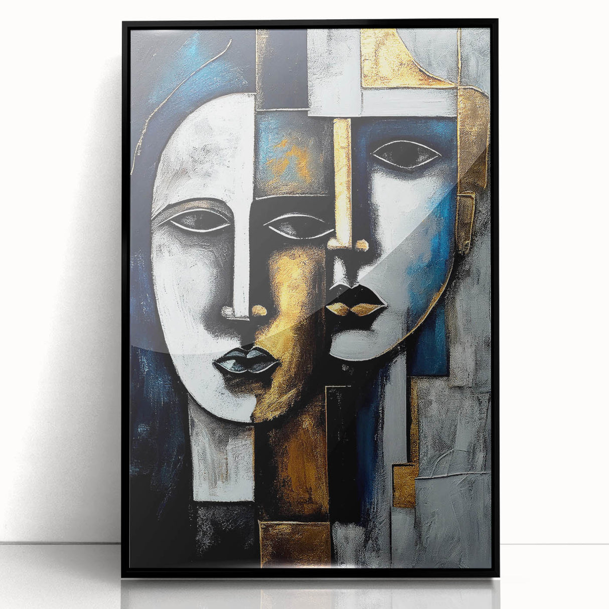 Framed abstract figurative wall art design showcasing vibrant colors and dynamic shapes, presented in a sleek black frame, perfect for modern decor.