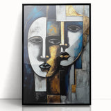 Framed abstract figurative wall art design showcasing vibrant colors and dynamic shapes, presented in a sleek black frame, perfect for modern decor.