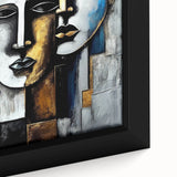 Close-up of a framed abstract figurative wall art piece showcasing vibrant colors and dynamic shapes, perfect for modern home decor.