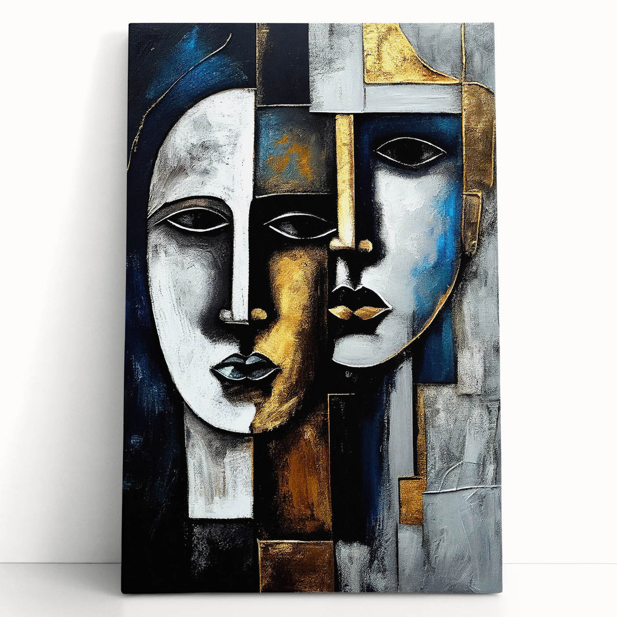 Abstract figurative wall art design on stretched canvas, showcasing vibrant colors and dynamic shapes, perfect for modern home decor accents.