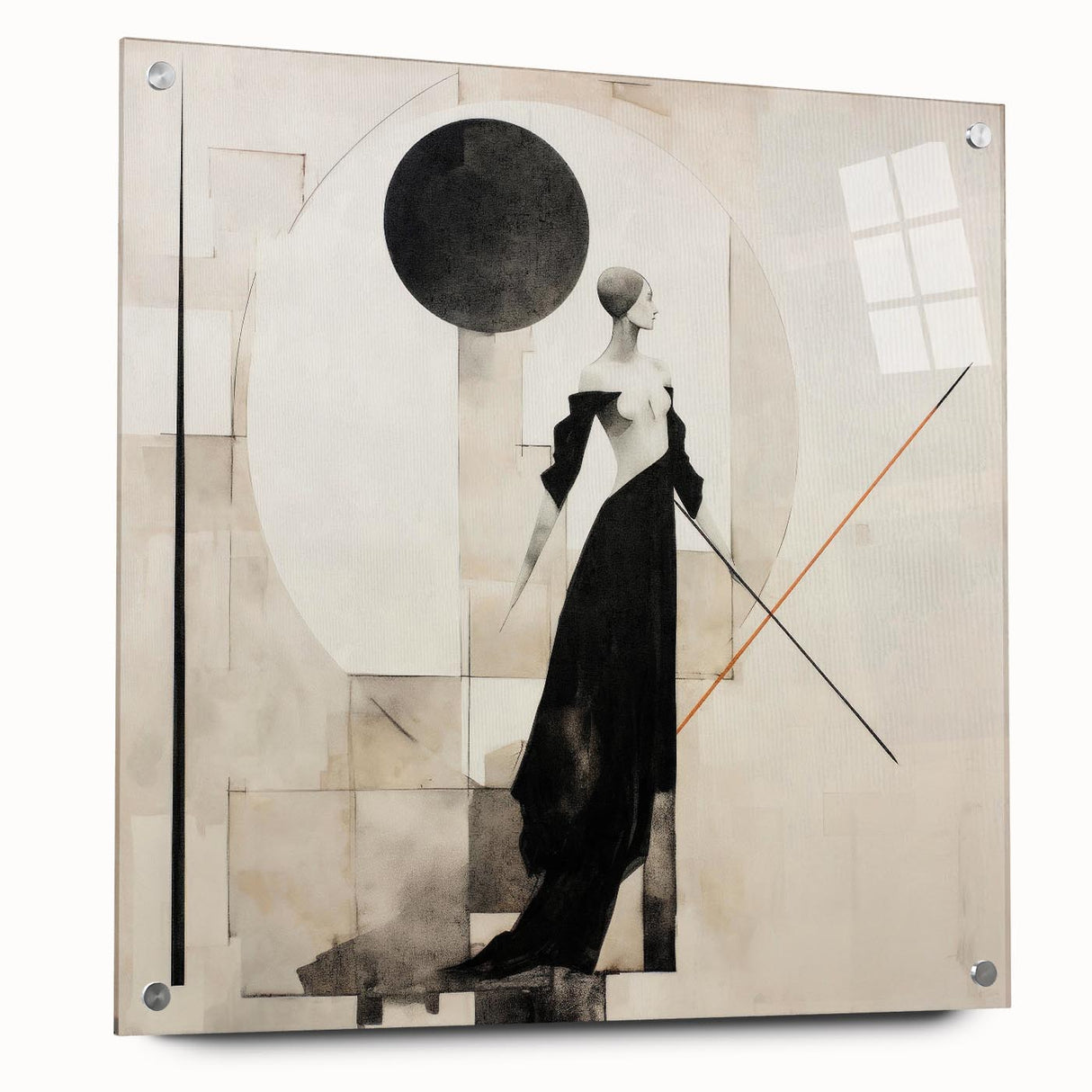 Abstract figurative wall art design featuring vibrant colors and dynamic shapes, displayed in a contemporary setting with acrylic glass.