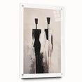 Abstract figurative wall art design showcasing vibrant colors and dynamic shapes, presented in acrylic glass with visible mounting pins for a modern aesthetic.