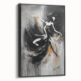 Framed abstract figurative wall art in a sleek black frame, showcasing vibrant colors and dynamic shapes, perfect for modern decor.