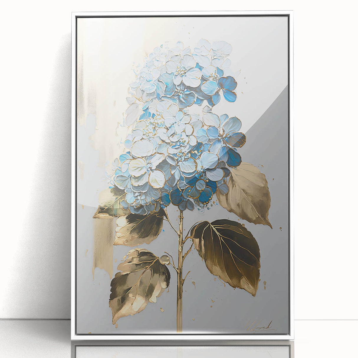 Framed abstract floral wall art design showcasing vibrant colors and delicate shapes, set against a sleek white frame for elegant decor.