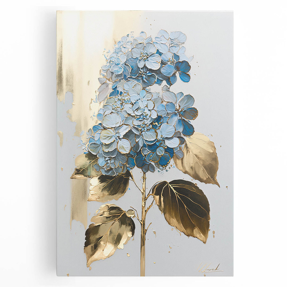 Colorful abstract floral design on a stretched canvas wall art piece, featuring vibrant hues of blue, pink, and green for modern decor.