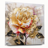 Abstract floral wall art design featuring vibrant colors and intricate patterns, displayed in a sleek acrylic frame with mounting pins.