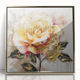 Framed abstract floral wall art design showcasing vibrant colors and intricate details, featuring gold accents and a sleek acrylic front.