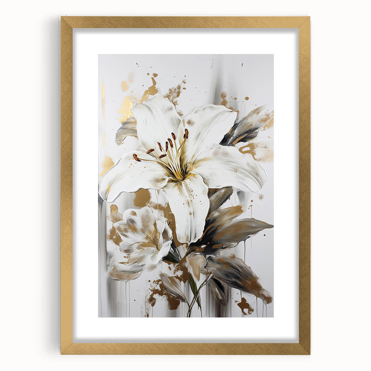 Framed abstract floral wall art featuring vibrant colors of pink, gold, and green, displayed with a mat in an elegant gold frame, perfect for home decor.